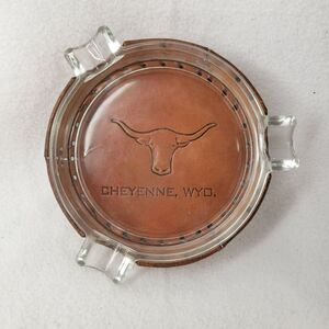Vtg Glass Ashtray Leather Cheyenne Wyoming Stamped Longhorn Stitched Holder